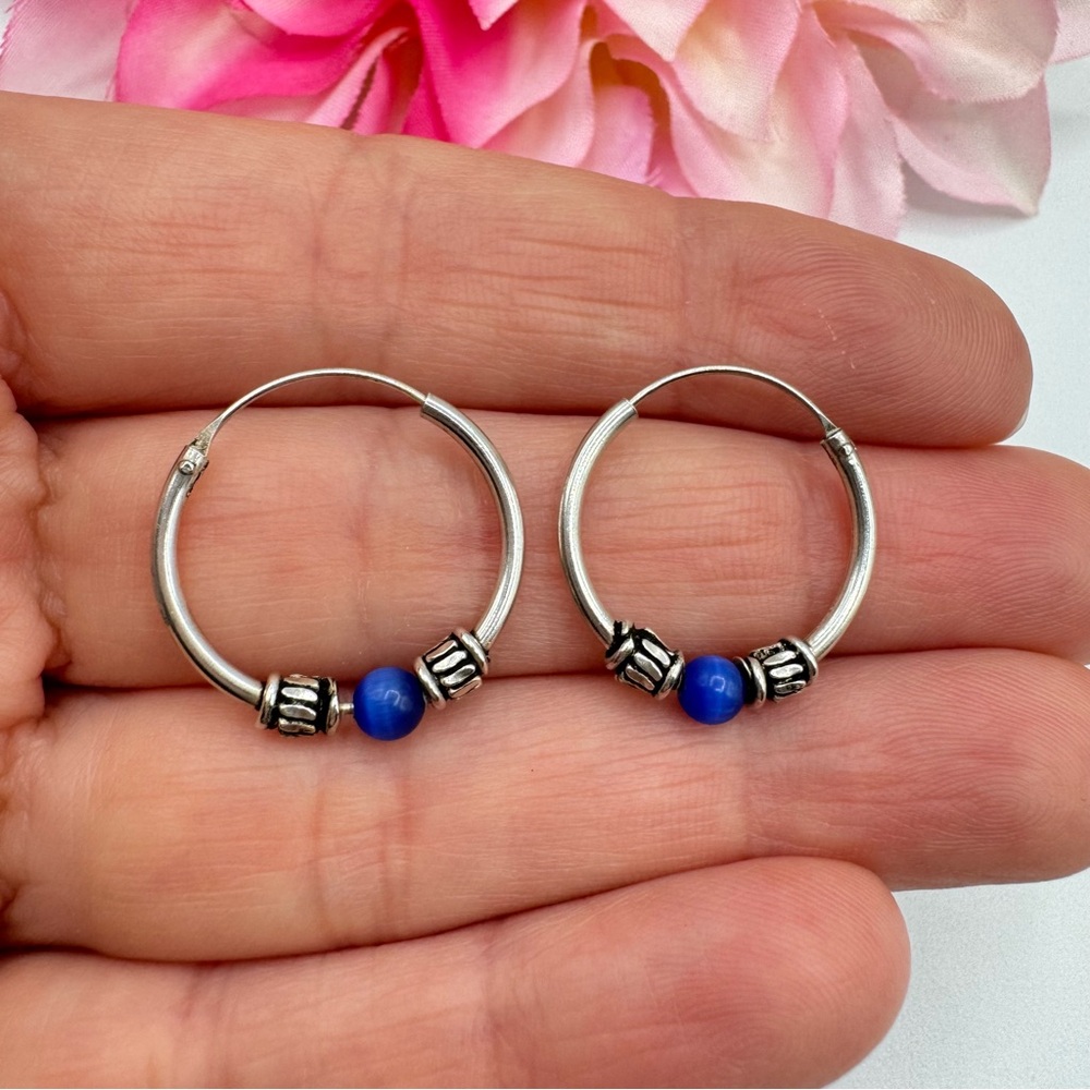 Bali Style Sterling Silver Blue Cat’s Eye Bead Hoop Earrings Tested Bohemian - Picture 2 of 6